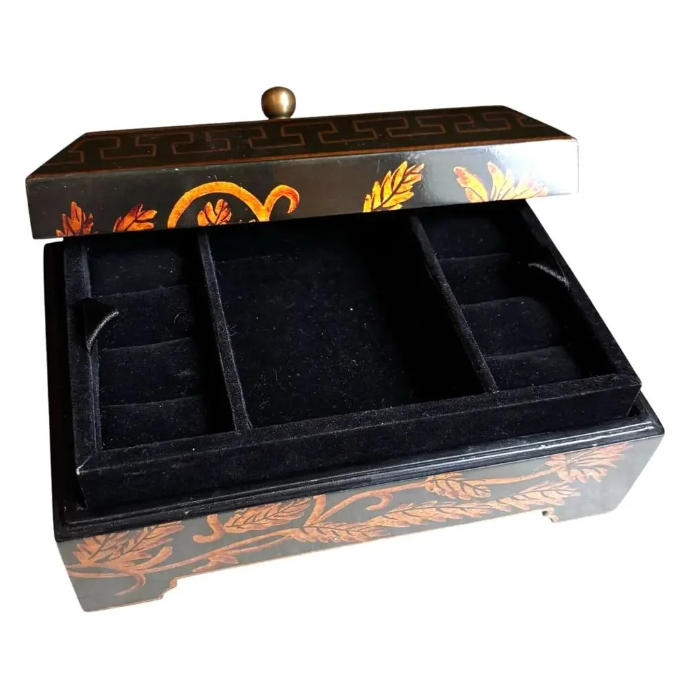 Ornate wooden jewelry box lift ff lid velvet tray black brown gold lacquer